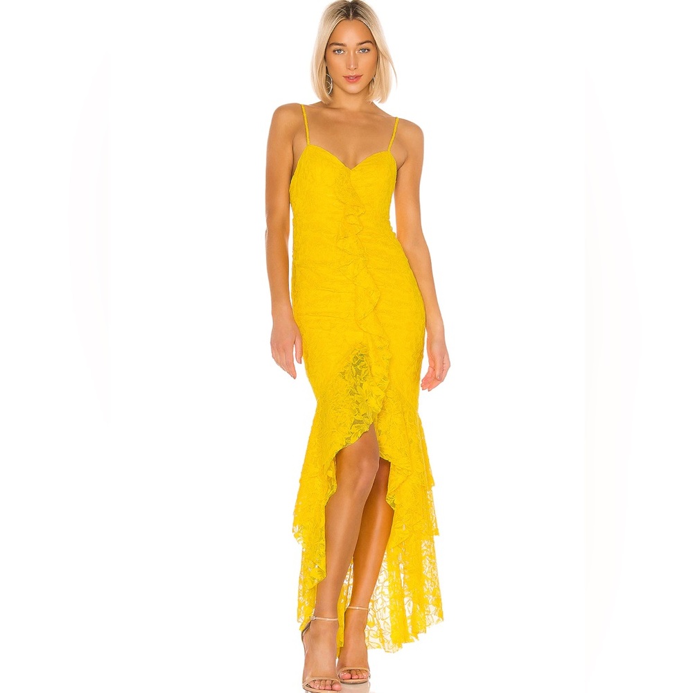 Revolve NBD Rosaleen Gown in Bright Yellow Lace High low Ruffled trim